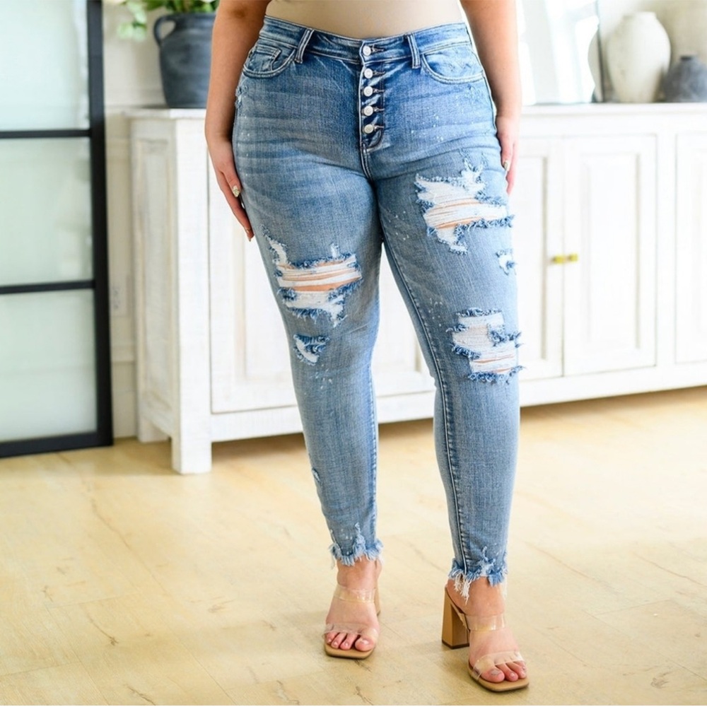 Judy Blue Talulah Bleach Splash Button Fly Destroyed Skinny Fit Jeans